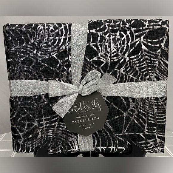 Halloween Tablecloth Silver Metallic Printed Spider Webs Black Fabric 60” x 102” - Picture 2 of 4